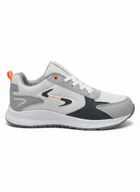 Men’s Lightweight Sports Running Shoes – Grey & White with Orange Accent