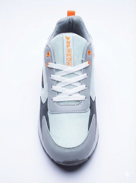 Men’s Lightweight Sports Running Shoes – Grey & White with Orange Accent